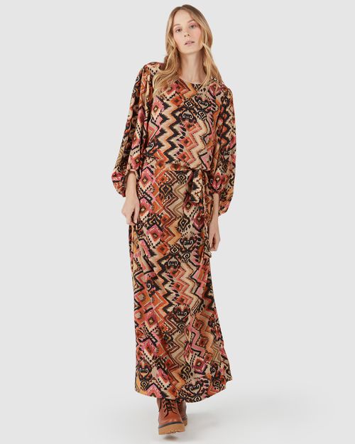 Vestido Longo Feminino Estampado Com Faixa Em Viscose