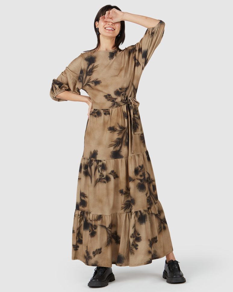 Vestido Midi Feminino Flores Manga 3/4 Em Algodão