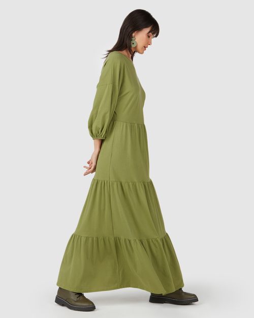Vestido Midi Feminino Manga 3/4 Em Algodão