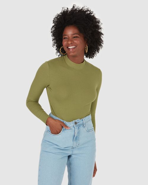 Blusa Feminina Gola Alta Manga Longa Em Malha De Viscose Canelada