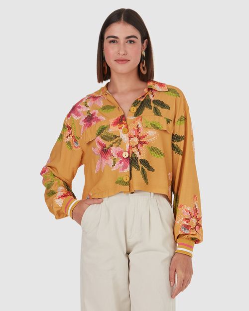 Camisa Feminina Floral Punho Retilínea Em Viscose