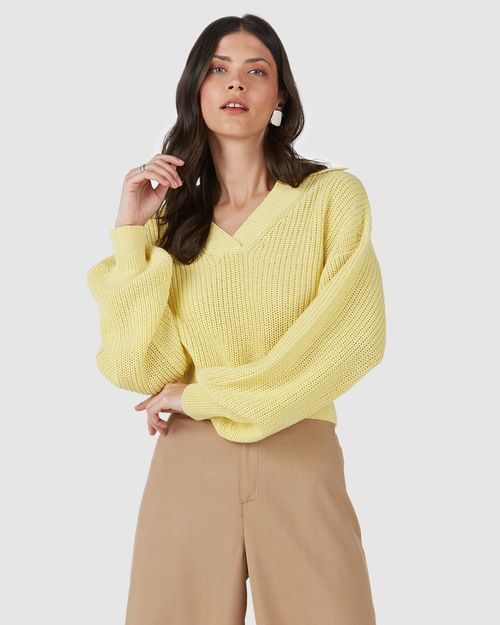 Blusão Cropped Feminino Gola V Em Tricô