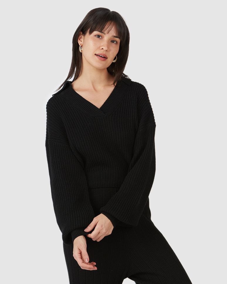 Blusão Cropped Feminino Gola V Em Tricô