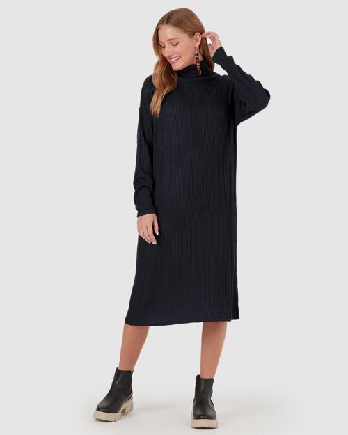 Vestido Amplo Feminino Gola Alta Em Tricô Canelado