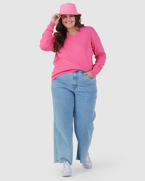 Suéter Básico Feminino Plus Size Gola V Em Tricô
