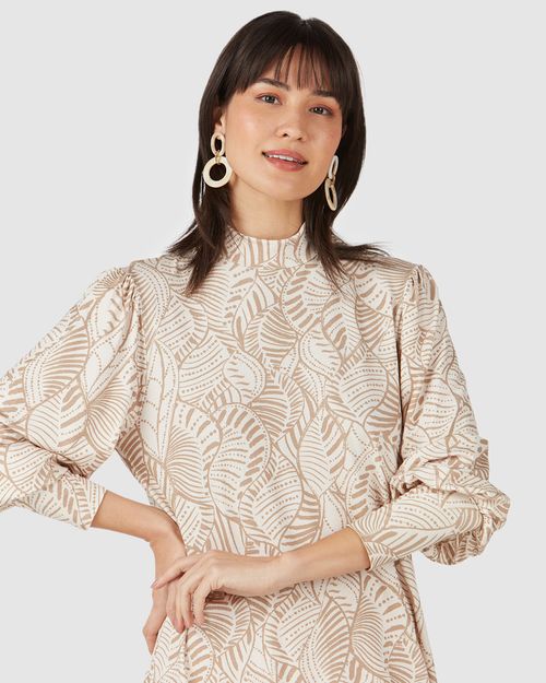 Vestido Feminino Manga Bufante Estampado Em Viscose Stretch