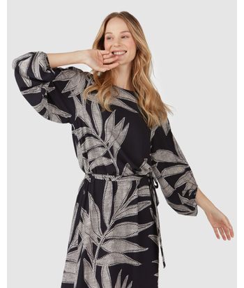 Vestido Longo Feminino Folhas Com Faixa Em Viscose