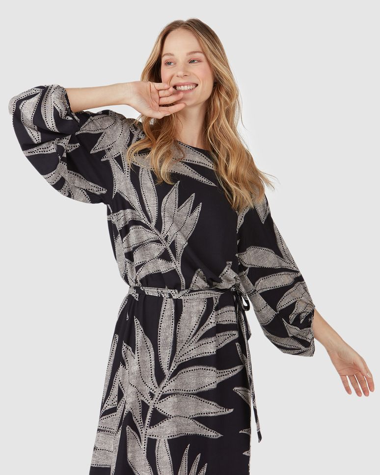 Vestido Longo Feminino Folhas Com Faixa Em Viscose