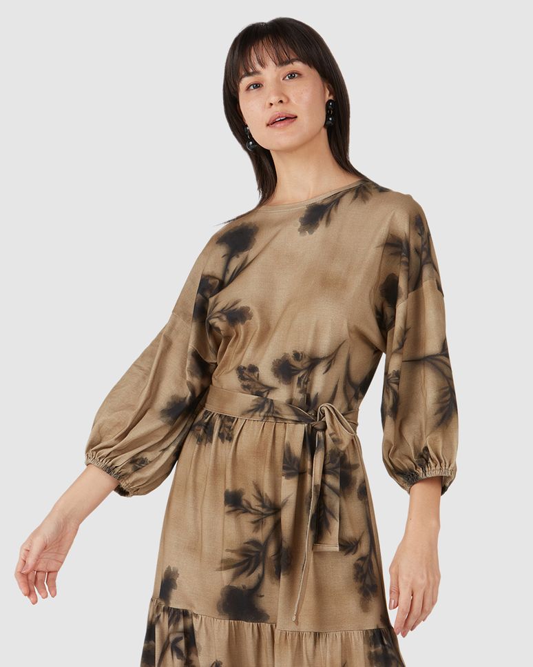 Vestido Midi Feminino Flores Manga 3/4 Em Algodão