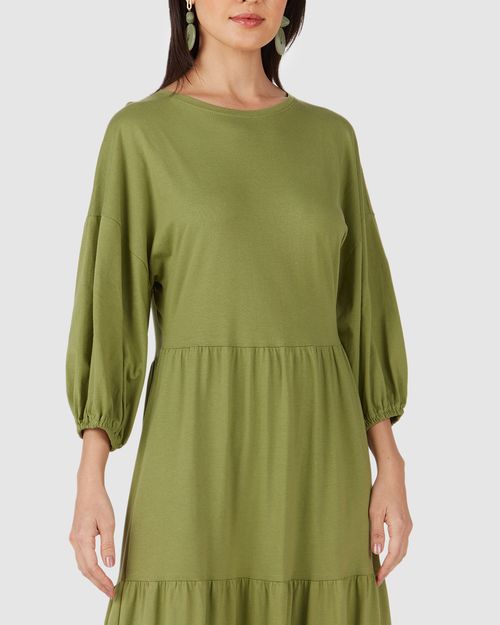 Vestido Midi Feminino Manga 3/4 Em Algodão