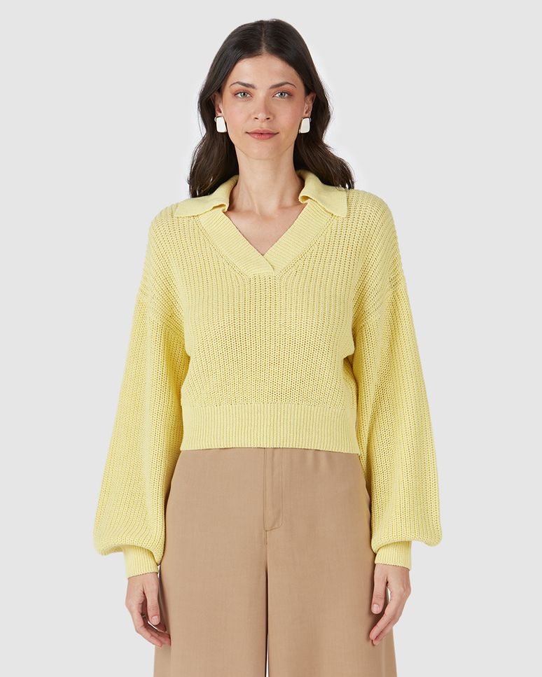 Blusão Cropped Feminino Gola V Em Tricô