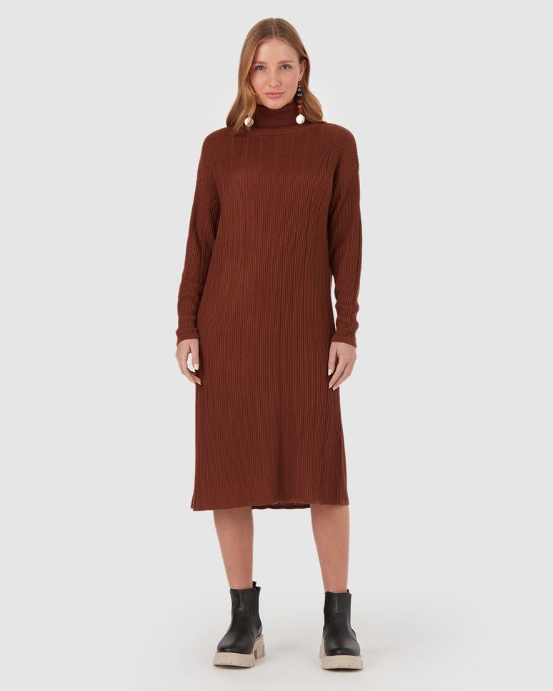 Vestido Amplo Feminino Gola Alta Em Tricô Canelado