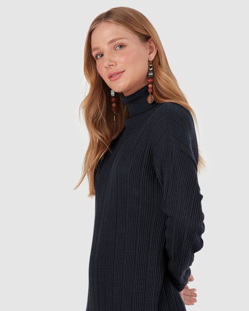 Vestido Amplo Feminino Gola Alta Em Tricô Canelado