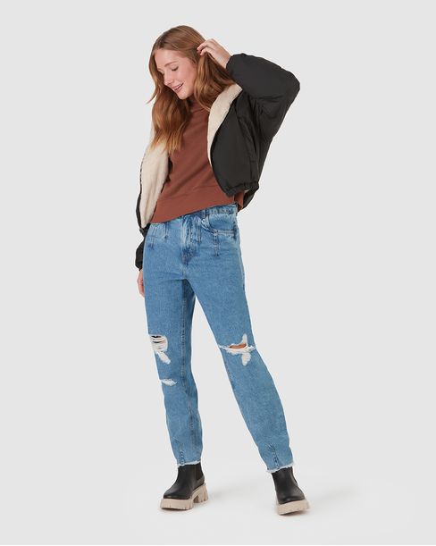 Calça Feminina Mom Puídos Em Jeans 100% Algodão