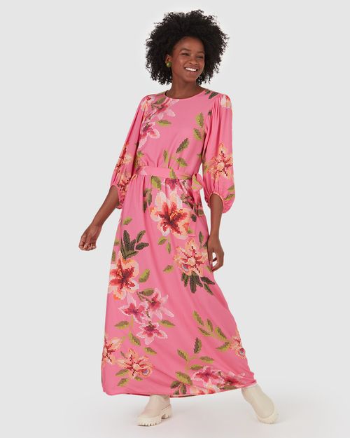 Vestido Longo Feminino Floral Com Faixa Em Viscose