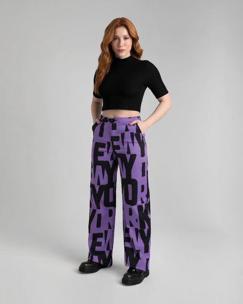 Calça Wide Leg Feminina Lettering Em Tecido Acetinado Com Elastano - ENFIM