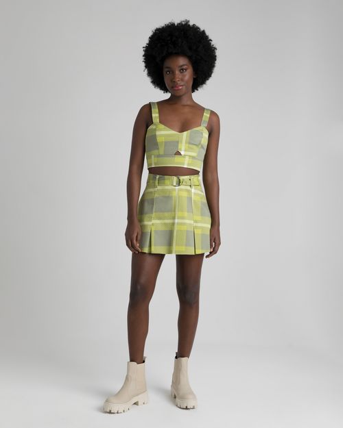 Regata Cropped Feminina Xadrez Em Tecido Acetinado Com Elastano - ENFIM