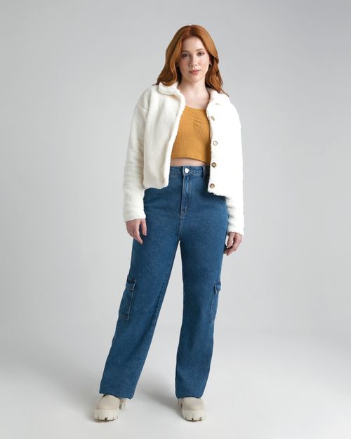 Calça Wide Leg Feminina Bolso Cargo Em Jeans 100% Algodão  - ENFIM