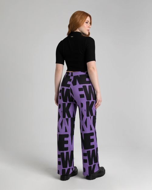 Calça Wide Leg Feminina Lettering Em Tecido Acetinado Com Elastano - ENFIM