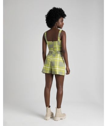 Regata Cropped Feminina Xadrez Em Tecido Acetinado Com Elastano - ENFIM