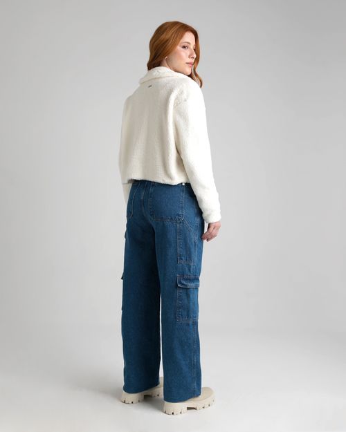 Calça Wide Leg Feminina Bolso Cargo Em Jeans 100% Algodão  - ENFIM