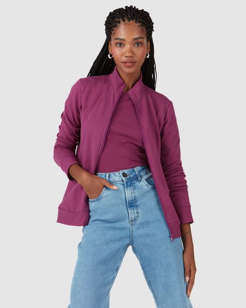 Jaqueta Básica Feminina Gola Alta Moletom Stretch Flanelado