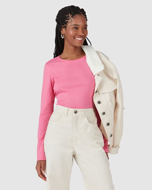 Blusa Básica Feminina Decote Redondo Manga Longa Em Algodão