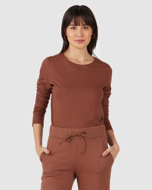 Blusa Básica Feminina Decote Redondo Manga Longa Em Algodão