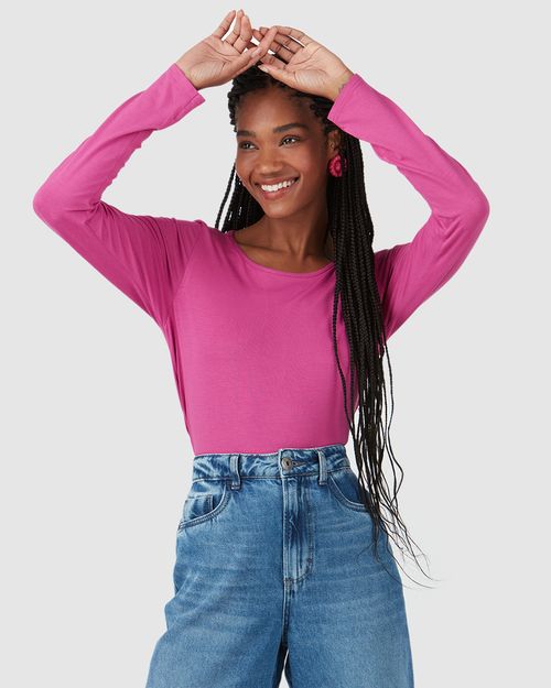 Blusa Básica Feminina Manga Longa Decote Canoa Em Viscose Stretch