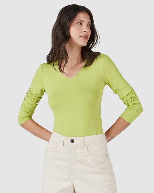 Blusa Básica Feminina Gola V Manga Longa Em Viscose Stretch