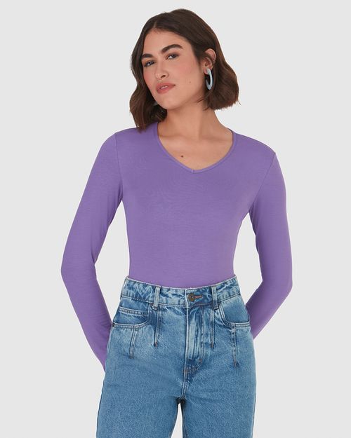 Blusa Básica Feminina Gola V Manga Longa Em Viscose Stretch