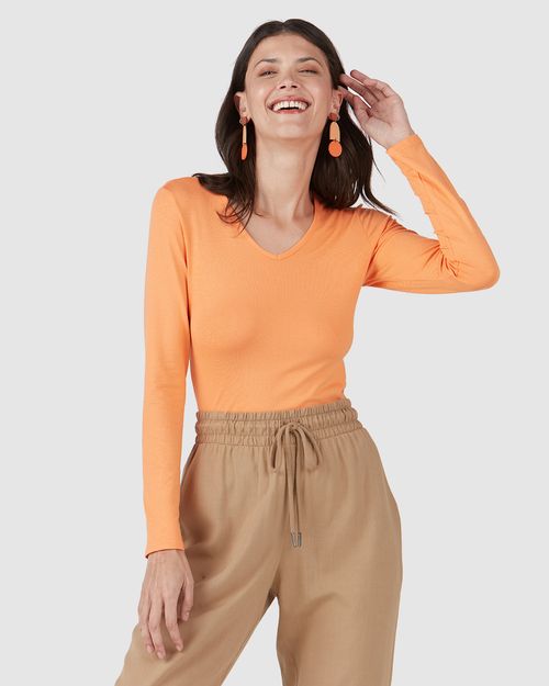 Blusa Básica Feminina Gola V Manga Longa Em Viscose Stretch