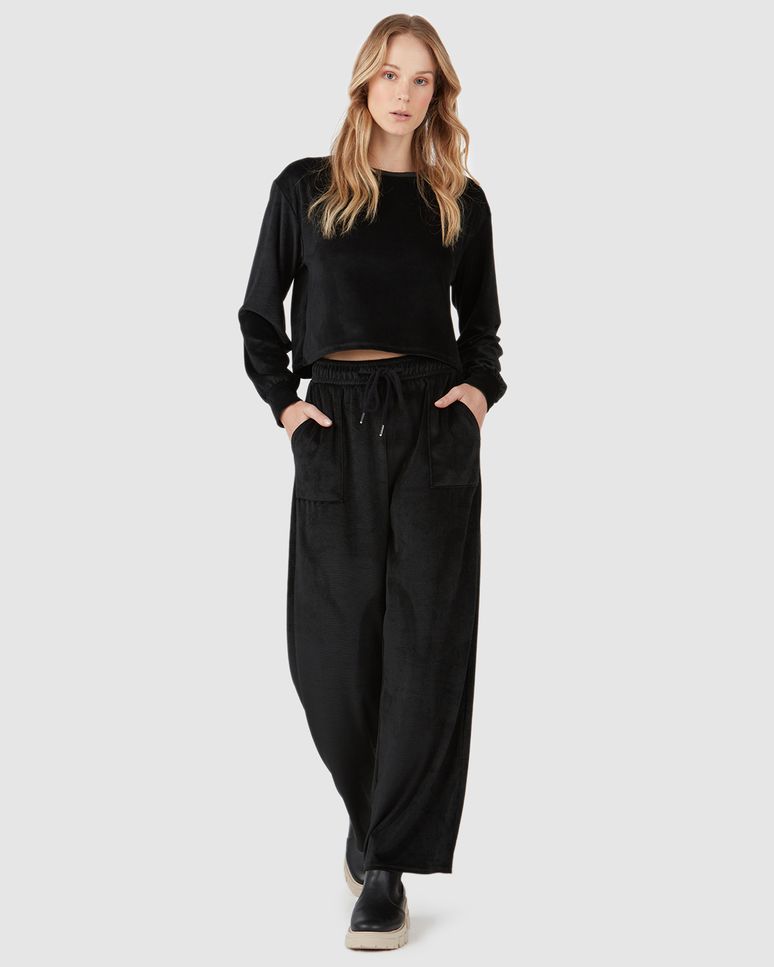 Calça Básica Feminina Wide Leg Em Veludo Canelado