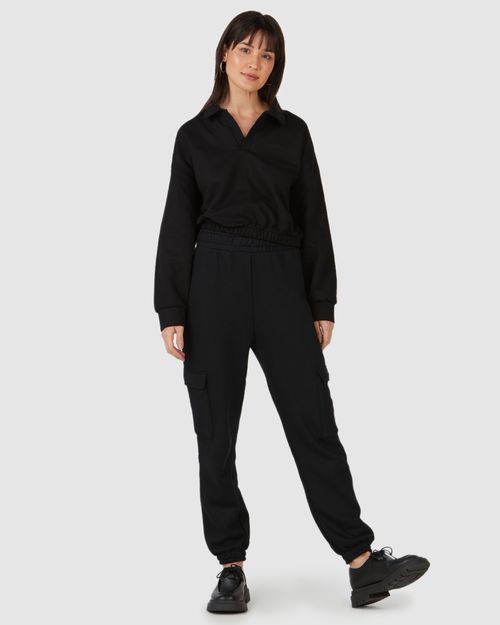 Calça Básica Feminina Jogger Bolso Cargo Em Moletom Flanelado
