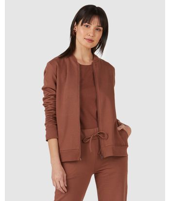 Jaqueta Básica Feminina Bolso Lateral Em Moletom Flanelado