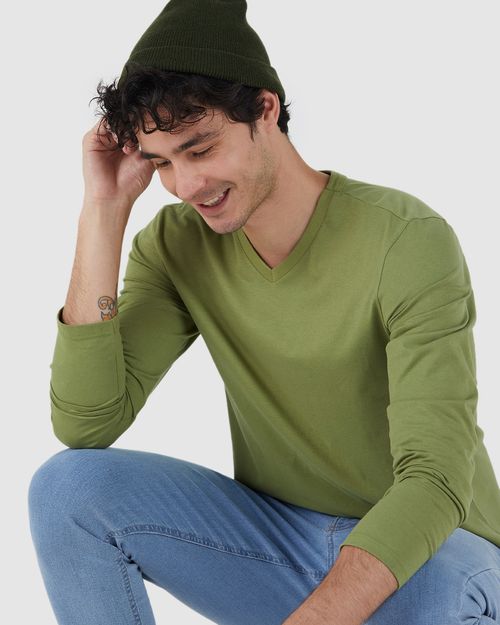 Camiseta Básica Masculina Decote V Manga Longa  Em Algodão