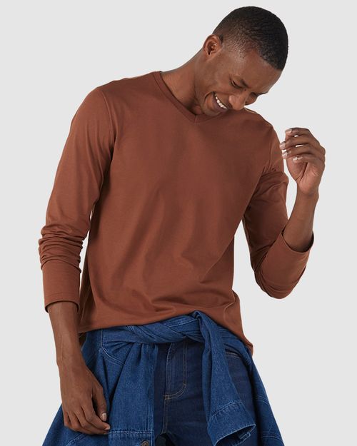 Camiseta Básica Masculina Decote V Manga Longa Em Algodão