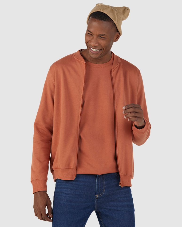 Jaqueta Básica Masculina Gola Redonda Em Moletom Flanelado
