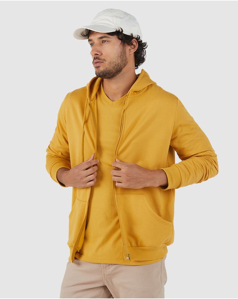 Jaqueta Básica Masculina Com Capuz Moletom Flanelado Amarelo G