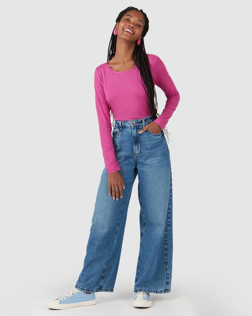 Blusa Básica Feminina Manga Longa Decote Canoa Em Viscose Stretch