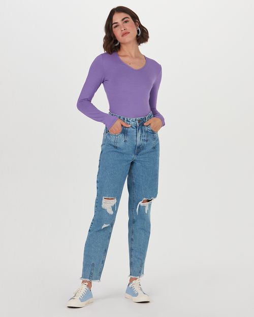 Blusa Básica Feminina Gola V Manga Longa Em Viscose Stretch