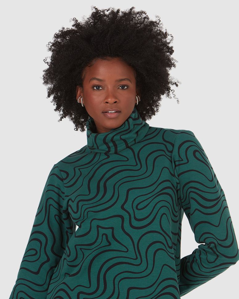 Vestido Feminino Gola Alta Estampado Em Moletom Stretch