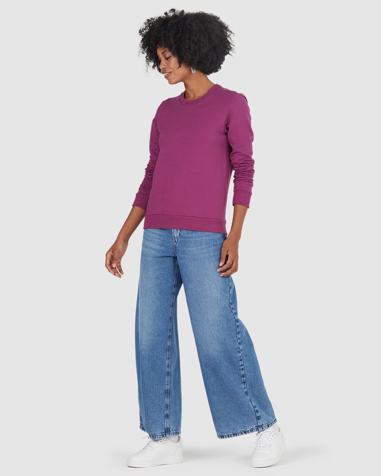 Blusão Básico Feminino Decote Redondo Em Moletom Stretch Flanelado