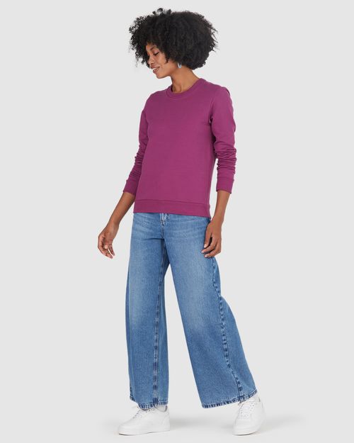Blusão Básico Feminino Decote Redondo Em Moletom Stretch Flanelado