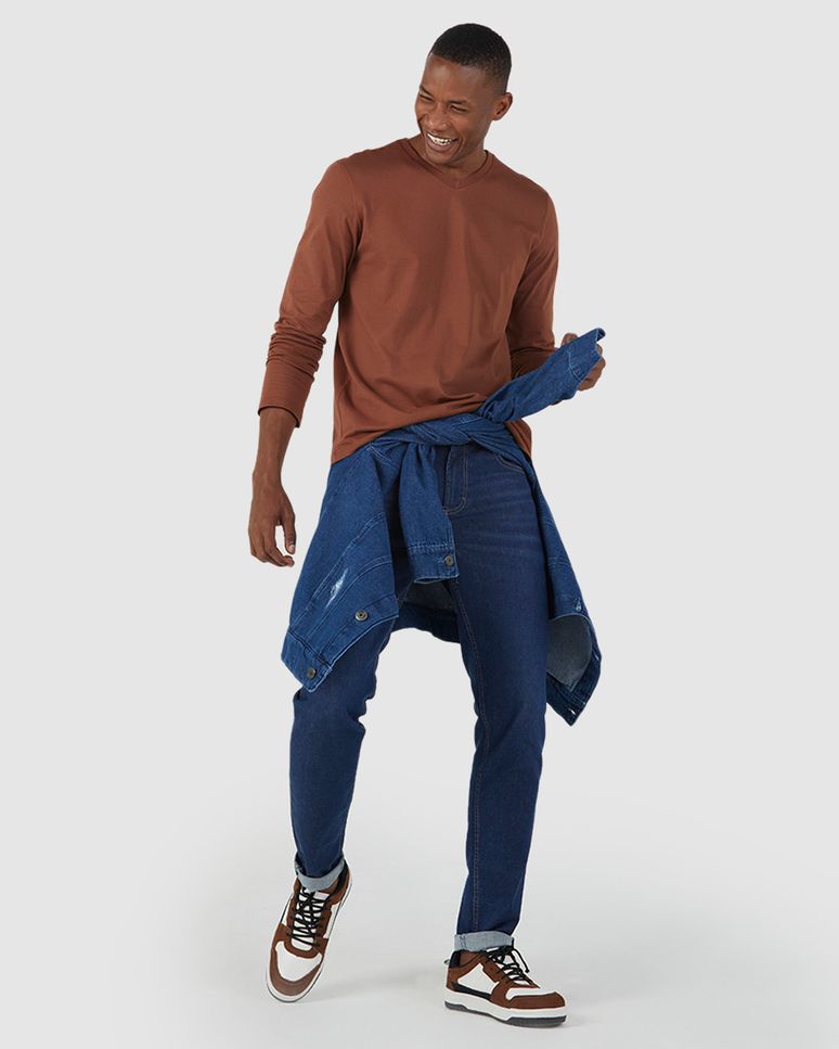 Camiseta Básica Masculina Decote V Manga Longa Em Algodão