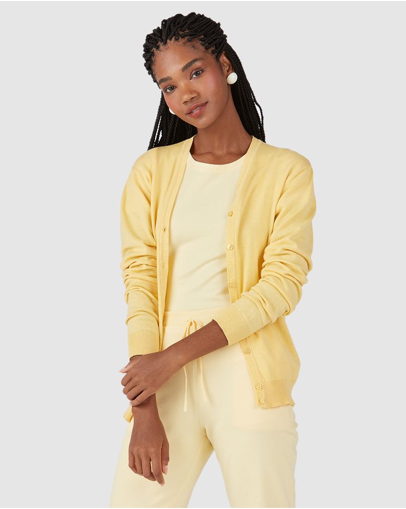 Cardigan Básico Feminino Decote V Em Tricô Amarelo G - Malwee