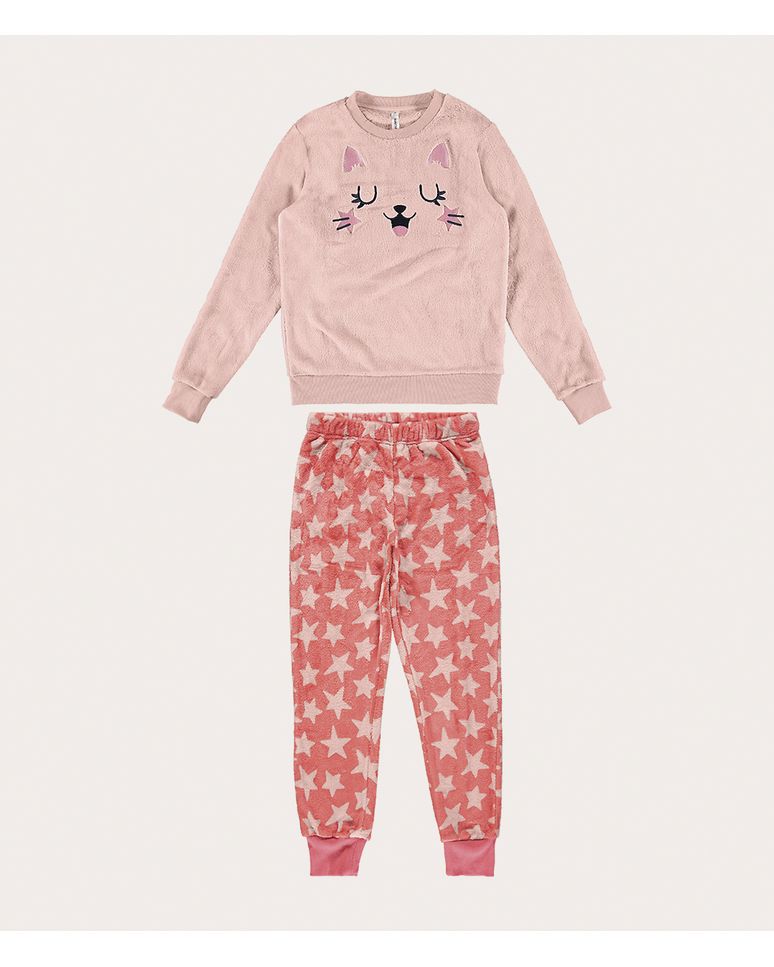 Pijama Feminino Bordado Gato Em Fleece