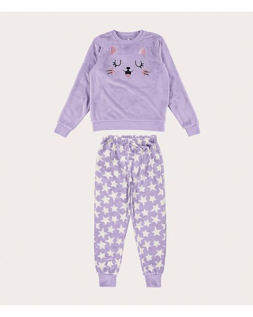 Pijama Feminino Bordado Gato Em Fleece