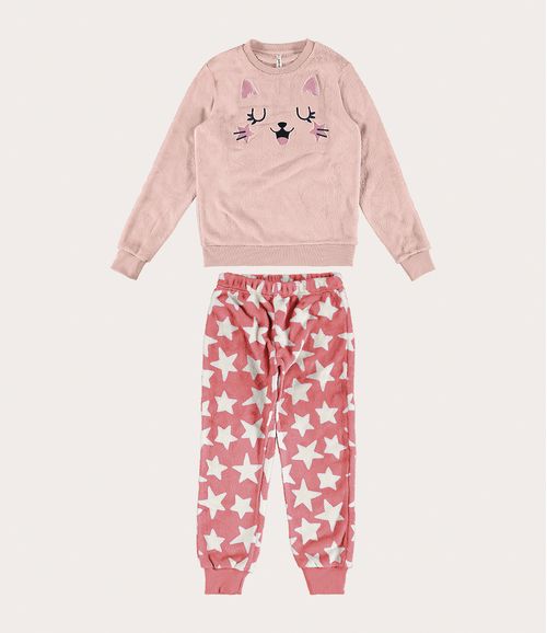 Pijama Infantil Menina Bordado Gata Em Fleece Malwee Kids