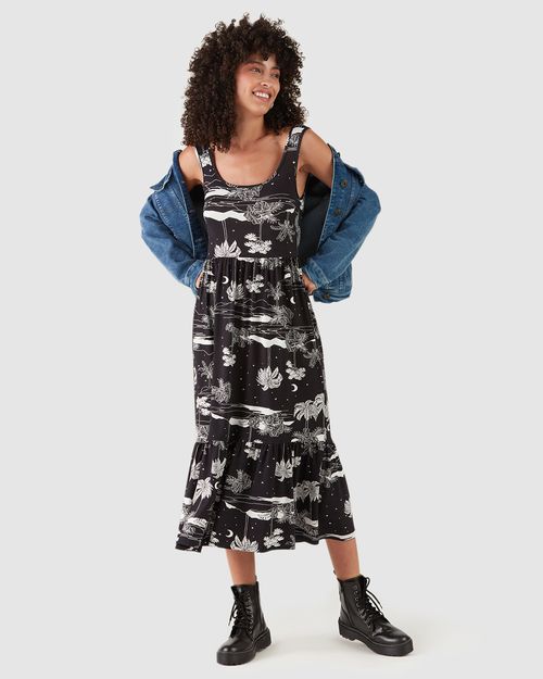 Vestido Midi Feminino Tropical Em Viscose Stretch
